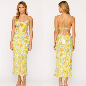 Hello Molly Sunlight Snaps Floral Cutout Midi Dress Yellow/Blue US 8 NWT